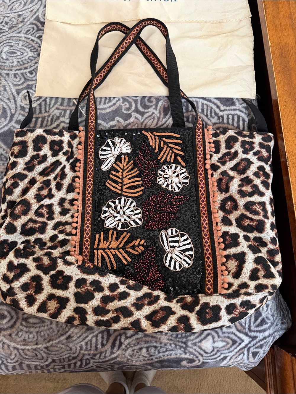 Leopard Print Tote Bag with Embroidered Floral Panel - Black & Brown